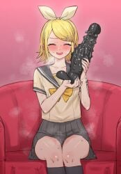 after_masturbation akkgsyk black_socks blonde_hair blush bow bowtie closed_eyes collarbone couch dildo eyelashes feet_out_of_frame female grey_sailor_collar grey_skirt hair_ornament hairband hairbow hairclip hands_up highres holding holding_sex_toy huge_dildo kagamine_rin legs_together medium_hair miniskirt open_mouth pink_background pleated_skirt pussy_juice sailor_collar school_uniform serafuku sex_toy short_sleeves sidelocks sitting skirt socks solo spiked_dildo steaming_body sweatdrop swept_bangs thighs vocaloid white_hairband yellow_bow yellow_bowtie