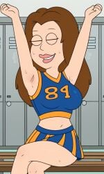 ai_generated american_dad armpits ass bigmic145 breasts brown_hair cheerleader crop_top female lisa_silver long_hair navel skirt solo solo_female sweat sweatdrop sweating tease teasing
