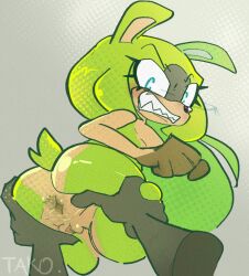 afrosoricid anthro anus ass big_butt black_nose blue_eyes blush breasts brown_body brown_fur clenched_teeth disembodied_hand eyelashes female fur genitals gloves_(marking) green_body green_fur grey_background hi_res idw_publishing looking_at_viewer looking_back looking_back_at_viewer mammal markings nude rear_view sega sharp_teeth simple_background solo sonic_the_hedgehog_(comics) sonic_the_hedgehog_(idw) sonic_the_hedgehog_(series) spread_butt spreading surge_the_tenrec tako_friend tan_body tan_fur teeth tenrec thick_thighs vulva wide_hips