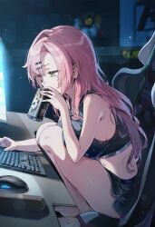 ai_generated black_crop_top computer_monitor computer_mouse computer_screen gaming_chair keyboard_(computer) nicole_demara pink_hair raaicave soda_can squatting tired_eyes working zenless_zone_zero