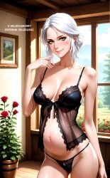 ai_generated breasts cd_projekt_red ciri female green_eyes light-skinned_female lingerie looking_at_viewer mascara nightie nipples_visible_through_clothing pregnant scar smiling solo solo_female the_witcher_(series) the_witcher_3:_wild_hunt thong white_hair zelgiusaiart