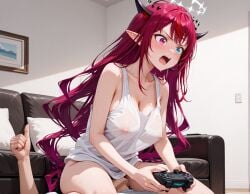 1boy 1girls ai_generated blue_eyes blush bottomless breasts covered_nipples facesitting female game_controller hololive hololive_english hololive_english_-promise- irys irys_(hololive) large_breasts male no_panties pointy_ears red_eyes red_hair see-through sitting_on_face sitting_on_person sweat thighs thumbs_up virtual_youtuber wet_shirt white_shirt