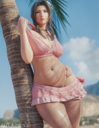 1girls 2025 3d adjusting_clothes aerith_gainsborough alternate_body_type big_breasts breasts brown_hair chubby_belly covered_breasts detailed_background eyeshadow female female_pubic_hair final_fantasy final_fantasy_vii final_fantasy_vii_remake flower flower_in_hair front_view green_eyes hairy_pussy hand_on_hip leaning leaning_against_tree legs_together light_makeup lipstick long_hair makeup milapone nail_polish no_panties no_panties_under_skirt nopan nude_underneath outdoors painted_nails palm_tree pink pink_nail_polish pubic_hair pubic_hair_peek pussy_hair slightly_chubby slightly_chubby_female solo standing water_droplets water_on_body wet wet_body