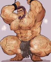 balls bara beard blush body_hair bulge chained_wrists facial_hair flaccid glasses kaeru333938123 loincloth male male_only muscles muscular musk pecs penis solo solo_male spread_legs squatting sweat sweating