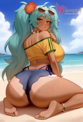 1girls 2d ai_generated aqua_hair ass barefoot big_ass big_breasts bikini bracelet brazilian_miku breasts dark-skinned_female earrings erophoenix eyewear_on_head feet full_body grin hair_flower hair_ornament hatsune_miku huge_breasts jewelry kneeling long_hair looking_at_viewer looking_back nail_polish patreon_username shorts smile soles solo solo_female sunglasses swimsuit tan tellow_shirt thick thick_thighs toes uncensored vocaloid