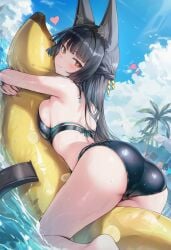 ai_generated ass_focus back_view bikini_bottom bikini_top black_hair curvy_ass curvy_body curvy_female curvy_figure female_focus floatie hoshimi_miyabi laying_on_stomach raaicave wolf_ears zenless_zone_zero