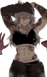 1girls 1other abs biting_tongue clothes_lift dripping_sweat female flower_tattoo hands_up honkai:_star_rail kafka_(honkai:_star_rail) long_hair masoq095 pants smile solo_focus sports_bra steam stelle_(honkai:_star_rail) sweat sweatdrop sweatpants tattoo tattoos toned toned_female yuri
