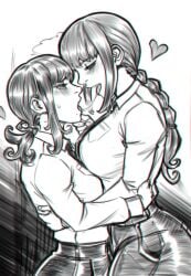2girls ass big_ass big_breasts black_hair breasts chainsaw_man curvy dat_ass female female_only femdom femsub franicman higashiyama_kobeni kissing makima_(chainsaw_man) pants saliva saliva_trail shirt sketch symmetrical_docking thick_thighs thighs tie tied_hair tongue_out wide_hips yuri