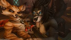 anthro blizzard_entertainment bodily_fluids canid canine cum cum_string duo female fox genital_fluids genitals glowing glowing_eyes hi_res humanoid kalni knot knotted_penis lakaiger male male/female mammal messy mythological_canine mythological_creature mythology penis saliva saliva_string scar size_difference small_dom_big_sub vulpera warcraft werecanid werecanine werecreature werewolf wicust worgen