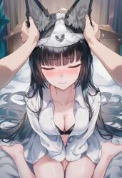 ai_generated black_hair blush closed_eyes female_focus hoshimi_miyabi panties_on_head raaicave sitting_on_bed touching_ears wolf_ears zenless_zone_zero