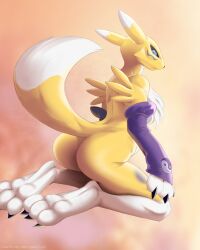 3_toes anthro armwear ass bandai_namco barefoot big_ass big_breasts blue_eyes breasts canid canine claws clothing digimon digimon_(species) feet female fur hand_on_leg hi_res hindpaw ilp0 looking_at_viewer looking_back mammal nude paws renamon soles solo thick_thighs toes white_body white_fur wide_hips yellow_body yellow_fur