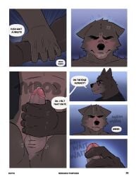 absurd_res age_difference andy_(echto) anthro anthro_on_anthro balls bite biting_lip blush bodily_fluids brown_balls brown_body brown_fur brown_penis canid canine charlie_(echto) comic dialogue duo echto english_text erection father_(lore) father_and_child_(lore) father_and_son_(lore) foreskin fur genital_fluids genitals glans handjob hi_res humanoid_genitalia humanoid_penis incest_(lore) male male/male mammal nude older_male parent_(lore) parent_and_child_(lore) parent_and_son_(lore) penile penis precum sex son_(lore) text