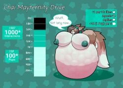 anthro antlers belly big_belly big_breasts blush breasts chai_(starrydraco) closed_eyes digital_media_(artwork) egg_bulge english_text female fur ginormous_belly growth_drive hair hi_res horn huge_belly huge_breasts hyper hyper_belly hyper_pregnancy lying mayternity nipples on_front pregnant pregnant_anthro pregnant_female simple_background smile solo starrydraco tail text therrigon thick_thighs wings