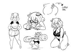 anthro ass belly bikini character_sheet commissioner_upload crop_top curly_tail emelie_(cyancapsule) freckles glasses hair_ribbon pig_girl shorts sketch tail thick_thighs weightlifting