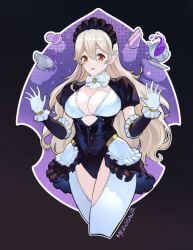 1girls cleavage corrin_(fire_emblem) corrin_(fire_emblem)_(female) fire_emblem fire_emblem_fates grey_hair large_breasts maid maid_headdress maid_outfit maid_uniform meziosaur nintendo red_eyes thick_thighs thigh_window thighs