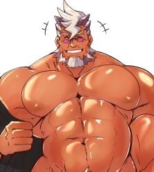 bara beard closed_eyes damon_gant facial_hair glasses gyakuten_saiban kaeru333938123 male male_only muscles muscular nude pecs smiling solo solo_male