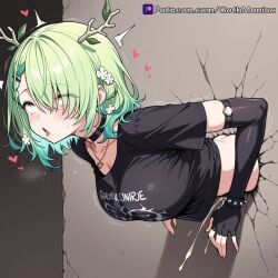ahegao_face ai_generated ceres_fauna_(goth_costume) choker cum_inside drool_on_face elbow_gloves fingerless_gloves flower_in_hair goth_girl goth_maniac gothmaniac green_hair hair_ornament heart_necklace horns medium_breasts medium_hair necklace patreon_username sex_from_behind slim_waist spiked_bracelet stone_wall stuck_in_wall tongue_out yellow_eyes
