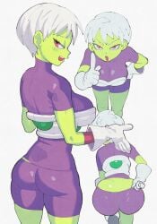 adjusting_clothes alien ass blush bodysuit breasts cheelai colored_skin dragon_ball dragon_ball_super dragon_ball_super_broly female gloves green_skin highres index_finger_raised inkerton-kun large_breasts open_mouth purple_bodysuit red_eyes skin_tight white_gloves white_hair