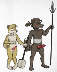 animal_genitalia anthro arloatdusk bandage blush blush_lines bodily_fluids canid canine canis comparing domestic_dog duo embarrassed erection genitals hair hi_res kai_ken knot koto_(arloatdusk) male male/male mammal mangohyena melee_weapon musical_instrument nude plucked_string_instrument polearm ponytail scar shamisen shiba_inu spear spitz standing string_instrument sweat sweatdrop tadashi_(arloatdusk) weapon