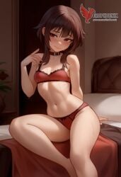 1girls 2d ai_generated ass back bare_shoulders barefoot big_ass bra brown_hair collar erophoenix female female_focus full_body kono_subarashii_sekai_ni_shukufuku_wo long_hair looking_at_viewer megumin pale_skin pale_skinned_female panties patreon_username red_eyes short_hair sitting small_breasts smile soles solo thick thick_thighs uncensored underwear