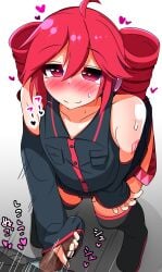 1boy 1girls 2d 2d_(artwork) ahoge blush blush_lines censored clothed clothed_female clothing detached_sleeves erection female fully_clothed hand_on_thigh handjob heart hearts_around_head horny horny_female japanese_text kasane_teto looking_at_viewer looking_up looking_up_at_viewer magujiyai male male_pov mosaic_censoring penis red_eyes red_hair standing standing_masturbation straight sweat sweating text thighhighs thighs twin_drills utau white_background