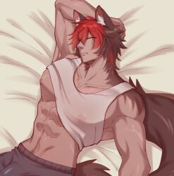 1boy abs armpits bed belly_button biceps big_pecs black_hair bulge closed_eyes clothed erection kanookies kemonomimi komano_manato laying_on_bed looking_at_viewer male male_focus male_only muscular muscular_male nipples nipples_visible_through_clothing pecs penis penis_outline pubic_hair red_hair sleeping spiky_hair tan_body tight_clothing translucent two_tone_hair wolf_ears wolf_tail zenless_zone_zero
