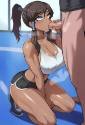 ai_generated avatar_the_last_airbender big_breasts blue_eyes busty cleavage cock_worship dark-skinned_female female gym interracial korra large_breasts ponytail tank_top the_legend_of_korra tied_hair tongue tongue_out twintails water_tribe
