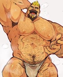 armpit armpit_hair balls bara blush body_hair bulge facial_hair flaccid hand_behind_head kaeru333938123 male male_only muscles muscular musk pecs penis solo solo_male sweat sweating