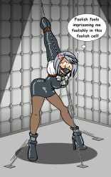 1girls alexanderlegrand armbinder ball_gag bondage bound chains collar dress english_text female female_only femsub fully_clothed gag gagged high_heels png shiny_clothes strappado text thought_bubble tight_clothing