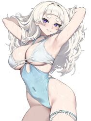 1girls absurdres armpit_focus armpits arms_behind_head bikini blue_eyes blue_one-piece_swimsuit blunt_bangs blush breasts cleavage commentary covered_navel cowboy_shot highleg highleg_one-piece_swimsuit highres large_breasts long_hair looking_at_viewer meg_(wakamepiza) mole mole_on_arm multi-strapped_bikini_top o-ring o-ring_thigh_strap one-piece_swimsuit original presenting_armpit short_eyebrows simple_background skindentation smile solo sweaty_armpits swimsuit symbol-only_commentary thick_eyebrows thigh_strap wakamepiza wet white_background white_bikini white_hair