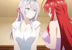 2girls ai_generated alisa_mikhailovna_kujou big_breasts blue_eyes blue_green_eyes blush crimson_hair_female crossed_bangs crossover crossover_ship crossover_shipping demon_girl female females_only hair_ribbon high_school_dxd huge_ahoge indoors interspecies lesbians light-skinned_female long_hair_female looking_at_each_other loose_hair lovehuwu milky_white_skin red_ribbon rias_gremory russian_girl silver_hair_female smile tokidoki_bosotto_russian_de_dereru_tonari_no_alya-san very_long_hair_female yuri