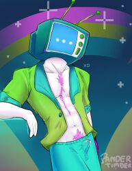 blue_pants body_hair cum erection erection_under_clothing idk_what_to_tag_it just_dance just_dance_3 pandertimber pubic_hair screen_face tv_head ubisoft unbuttoned_shirt video_game_character video_games video_killed_the_radio_star_(just_dance) white_skin white_skinned_male