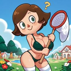 1girls ai_generated animal_crossing animal_crossing_girl bikini breasts brown_hair butterfly_net female flowers green_eyes nintendo outdoors question_mark smile solo solo_female stable_diffusion striped_legwear thighhighs villager_(animal_crossing)