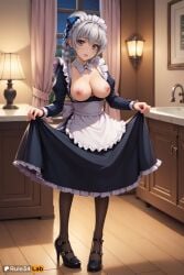 1girls :d ai_generated apron artist_name black_dress black_footwear black_pantyhose blush bow bowtie braid breasts breasts_out curtains dress frilled_apron frilled_dress frills full_body full_metal_panic grey_eyes grey_hair hairbow hi_res high_heels indoors juliet_sleeves lamp large_breasts long_hair long_sleeves looking_at_viewer maid maid_apron maid_headdress mary_janes night night_sky nipples no_bra open_mouth pantyhose puffy_sleeves ribbon rule34lab shoes skirt_hold sky smile solo standing star_\\(sky\\) teletha_testarossa twin_braids waist_apron white_apron white_bow window wooden_floor