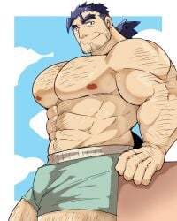 balls bara big_pecs body_hair bulge facial_hair flaccid gammei_(live_a_hero) kaeru333938123 live-a-hero male male_only muscles muscular pecs penis shirtless solo solo_male