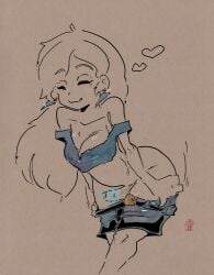 belt breasts censored crop_top dickgirl earrings futanari ghostcobra_ink long_hair penis shorts shorts_down traditional_media_(artwork)