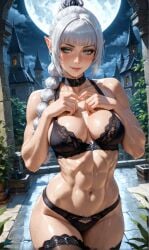 1girls abs ai_generated ai_slop_(low_quality_ai) baldur's_gate baldur's_gate_3 bangs blush bra braid collar dungeons_and_dragons elf female green_eyes lingerie long_hair looking_at_viewer medium_breasts navel night night_sky outdoors panties pointy_ears scar shadowheart soft_smile solo solo_female standing stockings white_hair