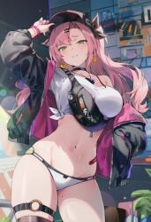 ai_generated curvy_body curvy_female curvy_figure fanny_pack green_eyes nicole_demara pink_hair raaicave thick_thighs white_crop_top white_panties zenless_zone_zero