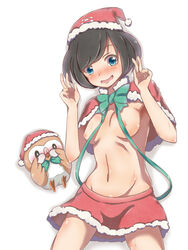 1girls belly black_eyes black_hair blue_eyes blush breasts christmas clothed coat double_v feet female hat human human_only looking_at_viewer navel nintendo nipples open_mouth pale_skin pokemon pokemon_sm revealing_clothes ribbon rowlet selene_(pokemon) short_hair skirt small_breasts smile standing sweat tongue v