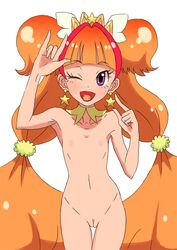 :d ;d \m/ amanogawa_kirara armpits bangs blunt_bangs breasts cure_twinkle earrings female flat_chest go!_princess_precure ityuy jewelry long_hair looking_at_viewer magical_girl navel nipples nude one_eye_closed open_mouth orange_hair precure pretty_cure purple_eyes pussy simple_background solo star_earrings thigh_gap very_long_hair white_background wink