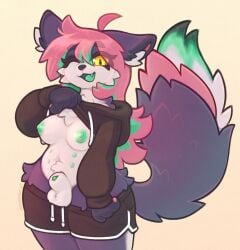 2025 animal_genitalia anthro areola balls big_tail bottomwear bottomwear_down breasts canid canine cheek_tuft chest_tuft clothed clothing clothing_lift facial_tuft fox fully_sheathed futanari genitals green_nipples green_penis gynomorph hi_res hoodie hoodie_lift intersex leg_tuft looking_at_viewer mammal multi_nipple nipples one_eye_closed partially_clothed penis presenting presenting_breasts presenting_penis sheath shorts shorts_down skellybeanz smile solo tail thigh_tuft topwear tuft yellow_eyes