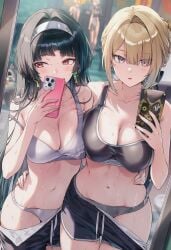 2girls ai_generated astra_yao black_hair blonde_hair evelyn_chevalier female_focus gym_uniform mirror_selfie pants_down phone_camera raaicave sportswear sweating sweating_female zenless_zone_zero