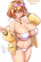 1girls anis_(nikke) anis_(sparkling_summer)_(nikke) anisdrawn big_breasts bikini bikini_bottom bikini_top bottomwear breasts brown_hair cleavage eyepatch_bikini female female_focus goddess_of_victory:_nikke hair hair_ornament headwear heart huge_breasts jacket necklace neckwear open_jacket peace_sign short_hair smile solo solo_focus sunglasses sunglasses_on_head swimwear thighs topwear when_you_see_it white_bikini yellow_eyes