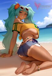 1girls 2d ai_generated aqua_hair ass barefoot big_ass big_breasts bikini bracelet brazilian_miku breasts dark-skinned_female earrings erophoenix eyewear_on_head feet full_body grin hair_flower hair_ornament hatsune_miku huge_breasts jewelry kneeling long_hair looking_at_viewer looking_back nail_polish patreon_username shorts smile soles solo solo_female sunglasses swimsuit tan tellow_shirt thick thick_thighs toes uncensored vocaloid