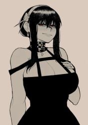 1girls big_breasts black_dress blush breasts cleavage collarbone cullieon dress earrings female goth hair_behind_ear hairband half-closed_eyes hand_on_own_chest highres jewelry large_breasts looking_to_the_side monochrome red_eyes short_hair_with_long_locks smile solo spot_color spy_x_family yor_briar yor_forger
