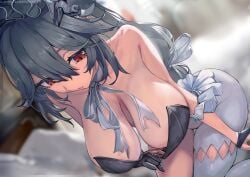 alexandrina_sebastiane areola_slip collar expressionless huge_breasts leotard on_bed ribbon sagging_breasts towatowa114 undressing watermark zenless_zone_zero