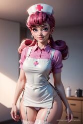 1girls ai_generated apron artist_name blue_eyes blurry blurry_background breasts cowboy_shot cross curly_hair dress earrings female garter_straps hat hi_res indoors jewelry lips long_hair looking_at_viewer medium_breasts nintendo nose nurse nurse_cap nurse_joy panties patreon_username pink_hair pokemon pokemon_(game) progenarts shirt short_sleeves smile solo standing thighhighs underwear watermark web_address white_panties white_thighhighs