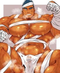 balls bandages bara bulge facial_hair flaccid kaeru333938123 loincloth male male_only muscles muscular musk one_eye_closed pecs penis scar scar_on_face solo solo_male sweat sweating