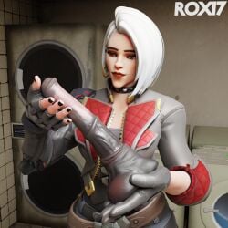 3d ashe_(overwatch) blender choker dildo female horse_dildo lia3d overwatch red_eyes red_lipstick roxi7 self_upload white_hair