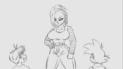 1girls 2boys age_difference android_18 big_breasts boobs_out cougar cougar_milf dragon_ball dragon_ball_z funsexydragonball huge_breasts lifting_shirt mature_female milf older_female older_female_and_younger_male puberty revealing_breasts shirt_lift shirt_lifted_by_self short_hair short_hair_female showing_breasts son_goten straight tagme trunks_briefs younger_male